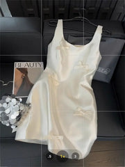 Hnewly Women Elegant Mini Dress Satin Bow Decor Sleeveless Square Neck Slim Fit Suit French Style Party Club Night Summer Outfit