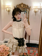 Hnewly Chiffon 2 Piece Skirts Sets Outwear Casual Y2k Crop Tops Sleeveless + Mini Skirts Korean Fashion Suits 2000s Vintage Clothing