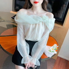 Hnewly New French Off Shoulder Top Sexy Sweet Long Sleeve Chiffon Shirt Blouse Women's 3D Flower Pink Off White Shirt Top