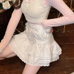 Hnewly Japanese lolita kawaii clothes pink mini skirt with shorts Lace High Waist korean style women 2025 new fall White skirt fluffy