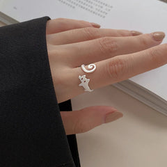 Hnewly Cute Silver Color New Trendy Cat Engagement Rings for Women Couple Elegant Simple Handmade Finger Anillos Jewelry Adjustable