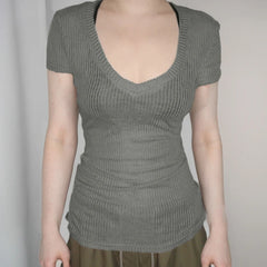 Hnewly Solid Slim-fitting Knitted Crop Top Micro-transparent T-shirt Smock Women Sexy Short Sleeve V-neck Tees Shirt Y2k Vintage