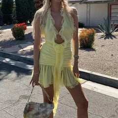 Hnewly Y2K Ruffles Strap 3D Flower Decro Bodycon Dress Sexy Low Cut Chest Wrap Backless Halter Dress Women Club Party Night Vestidos