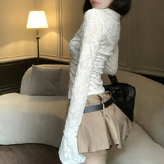 Hnewly Fairycore Shirt Lace Tops Women Aesthetic Clothes Sheer V-Neck Turn-Down Collar Cross Tie-Up Blouses 2000s Streetwear