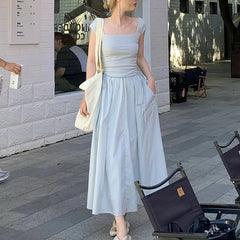 Hnewly Elegant Stitching Dress Female Korean Chic Square Collar Short Sleeve Beach Party Dress Ladies High Waist All-Match A Line Dress