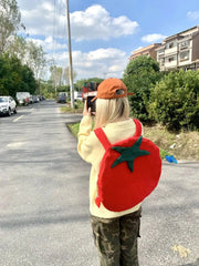 Hnewly Women Red Big Tomato Plush Backpack Large Capacity Cartoon Cute School Bag Casual Y2k Schoolbag Novelity Fashion Backpacks