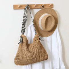 Hnewly Women's Handmade Woven Tote Beach Bag Striped Handle Large Capacity Summer Holiday Fashion Casual Shoulder Bags