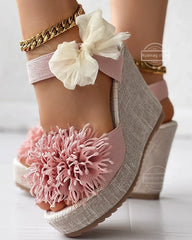 Hnewly Sandals Women's Floral Pattern Bowknot Decor Platform Wedge Espadrilles Platform Bow High Heels Women's Slippers Shoes