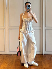 Hnewly Polka Dot Print Top Women Halter Low-Neck Bandage Ruffles Backless Sleeveless Skinny Summer Trend Street Basic Vest