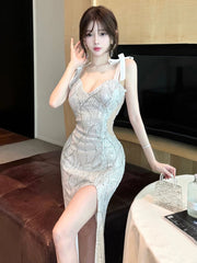 Hnewly Temperament Dresses Women Sexy Sequins Elegant V Neck Bandage Sleeveless Mesh Patchwork Party Dress Female Fashion