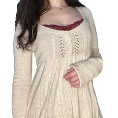 Hnewly Fresh Sweet Casual Soft Women Clothing Europe Slim Big Swing Patchwork Hollow Out Pullovers Personalized Knit All-match Jumper