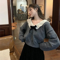Hnewly Korean Style Sweaters Women Kawaii Sweet Elegant Knited Pullovers Grey Bow Vintage Patchwork Autumn Winter Sweaters