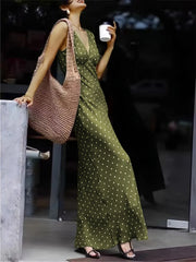Hnewly Polka Dot Satin Women Maxi Dress Fashion Lace Up V-neck Sleeveless Waist Cinching Slim Long Dresses Lady New Party Vestidos