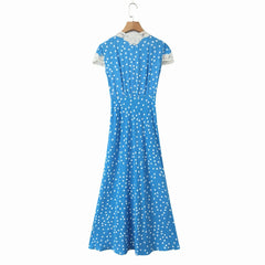 Hnewly Women Retro French Style Blue Polka Dot Spliced Lace Bow V neck Short Sleeve Dress Summer Maxi Long Dresses Robe Femme Vestidos