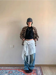 Hnewly Korean Fashion Lace All-match Skirt for Women Y2k High Waist White A-line Skirts 2025 Summer New Hollow Out Faldas Mujer