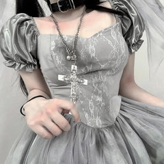 Hnewly DRESS TO IMPRESS Gothic Lolita Mini Dress Women Vintage Puff Sleeve Mesh Party Dresses Halloween Ghost Bride Witch Cosplay Costumes Role Play Set