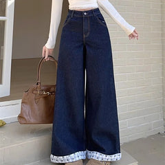 Hnewly Chic Dark-Blue Patchwork Jeans for Women Korean Letter Bowknot Embroidery Jeans Woman Spring Autumn High Waist Pants Female