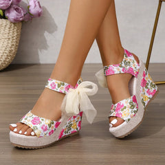 Hnewly Fashion Open Toe Women's Sandals Summer Printing Round Toe Platform Wedges Sandals for Daily Casual Dress Shoes
