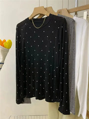 Hnewly O-neck Polka Dot Long Sleeved T-shirt Spring/Summer New Women's Loose Versatile Bottoming Shirt Korean Commuter Cotton Top
