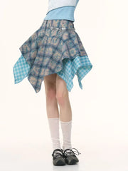 Hnewly Irregular Patchwork Tie Dye Blue Plaid Skirts 2025 Summer New Skirt for Women Y2k High Waist Ruffles Faldas Sexy Mujer