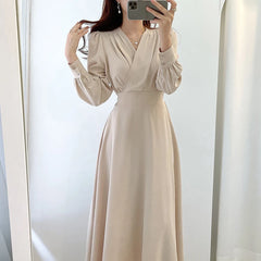 Hnewly Harajuku V-neck Puff Sleeve A-line Maxi Dresses for Woman Women Solid Color Midi Robe Korean Office Dresses Elegant Spring