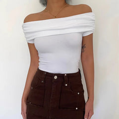 Hnewly Black Off Shoulder Elegant Short Tops Side Pleated Fashion Slim Sexy Cropped T Shirt Women Summer Y2k Clothing Skinny Top
