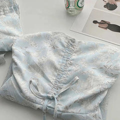 Hnewly 2000s Aesthetic Print Shirts Off Shoulder Korean Blue Crop Top Office Lady Sweet Blouses Flare Sleeve Exquisite French Elegance