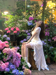 Hnewly French Elegant Party Midi Dress Women Beach Style 2000s Vintage Y2k Clothing Short Sleeve One Piece Dress Korean Fashion Summer