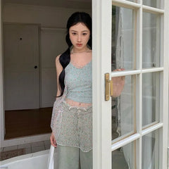 Hnewly BACK TO SCHOOL OUTFIT Korean Fresh Fairycore Flower Print Mesh Camisole Summer Sexy Slim Fit Vest for Women Y2k E-Girl Two Piece Sets