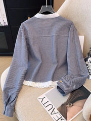 Hnewly O Neck Women Striped Shirt Vintage Long Sleeve Loose Korean Blouse Casual Fall New Patchwork Female Retro Sweet Autumn Tops