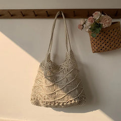 Hnewly Women Handmade Cotton Rope Woven Shoulder Bag Hollowed Out Beach Vacation Tote Handbag