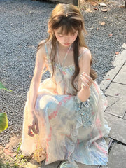 Hnewly Kawaii Sweet Y2k Japanese Midi Dress Women Lace Floral Design Camisole Vintage Dresses French Elegant Evening Party Fashion