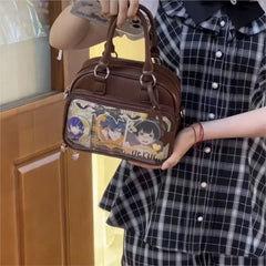 Hnewly Cute Anime Transparent Pin Display Ita Bag Women PU Leather Small Capacity Bowling Handbag Ladies Coffee Versatile Crossbody Bag