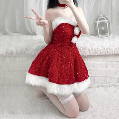 Hnewly Christmas Costumes Christmas Dress Up Glitter Adult Christmas Clothes Strapless Clothing Set Halloween Carnival Outfit