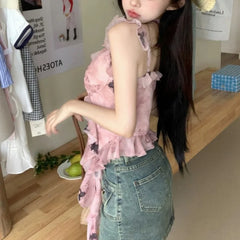 Hnewly summer inspo y2k Tank Top Women Fairycore Clothing Butterfly Print Ruffle V Neck Sleeveless Vest with Flower Choker 2000s Streetwear