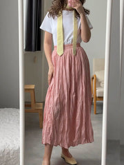 Hnewly Pleated Midi Skirts for Women Summer Clothes Elastic High Wasit A Line Fashion Skirt Female Vintage Elegant Long Skirt