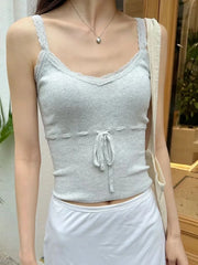 Hnewly Drawstring Knitted Cropped Tank Top Woman Sleeveless Lace Trim Cotton Thin Vest Summer Sweet Solid Simple Basic Crop Tops Y2k