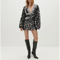 Hnewly Sequin Mini Dresses for Women Spring Autumn Sexy Deep-v Long Sleeve High Sleeve Hotgirl Birthday Party Dress