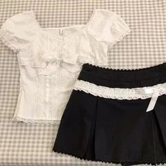 Hnewly Lace White Slim Kawaii Cute Women Clothes T Shirt Suit Harajuku Sexy Sweet Girl Japanese Grunge Crop Top 90s Baby Tee Femme Y2k