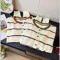 Hnewly Striped O-neck Long Sleeve Knitted Sweater Women's 2025 Autumn Korean Retro Color Block Loose Fit Versatile Single Breasted Tops