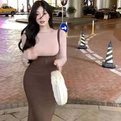 Hnewly DRESS TO IMPRESS Street Sexy Suspender Dress Women Autumn Winter Waist Tight Spice Girl Mermaid Skirt Bottom Long Sleeve T-Shirt 2 Piece Set