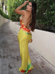 Hnewly Floral Print Sexy Lace-Up Backless Dress Women Ruched Swing Collar Sleeveless Robe Vacation Trend Beach Party Outfits