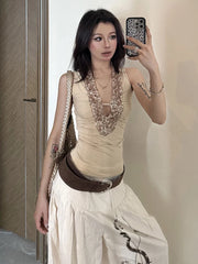 Hnewly Glitter Tank Tops Women Y2K Sequins Ruched Deep v-Neck Skinny Elastic Chic Basic Classic Summer Trend Street Vest