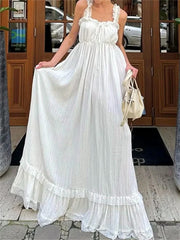 Hnewly Women White Long Dress Lace Trim Tie-up V Neck Sleeveless Ruffle Loose Tank Dress for Evening Party Club Bohemian Summer