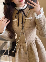 Hnewly Slim Waist Korean Style Women Dress New Ruffled Bow Single Breasted Fashion Female Mini Dresses Sweet Elegant Streetwear