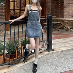 Hnewly Slimming Design Denim Overalls Short Skirt Women's Summer plus Size Belly in to Thin Dress College Style Sleeveless A-Line Skirt