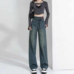 Hnewly Spring Vinatge High Waist Straight Jeans Women Korean Double Buttons Wide Leg Denim Pants Woman Classic Baggy Jeans Trousers