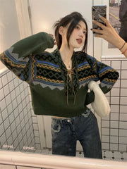 Hnewly Vintage Sweaters Women Lace-up Elegant Cozy V-neck Trendy Ladies BF Style Pullovers Ulzzang Knitwear Classic High Street Autumn