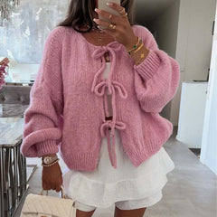 Hnewly Bow Tie Front Cardigan for Women Long Sleeve Knitted Jacket Sweater Autumn Winter Knitwear Teen-girl Y2K Cute Outfit