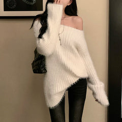 Hnewly Fuzzy Knit Sweater for Women Soft Fluffy Boat Neck Tunic Tops Fitted Rib-knit Plain Jumper Female Autumn Winter Basic Outfit